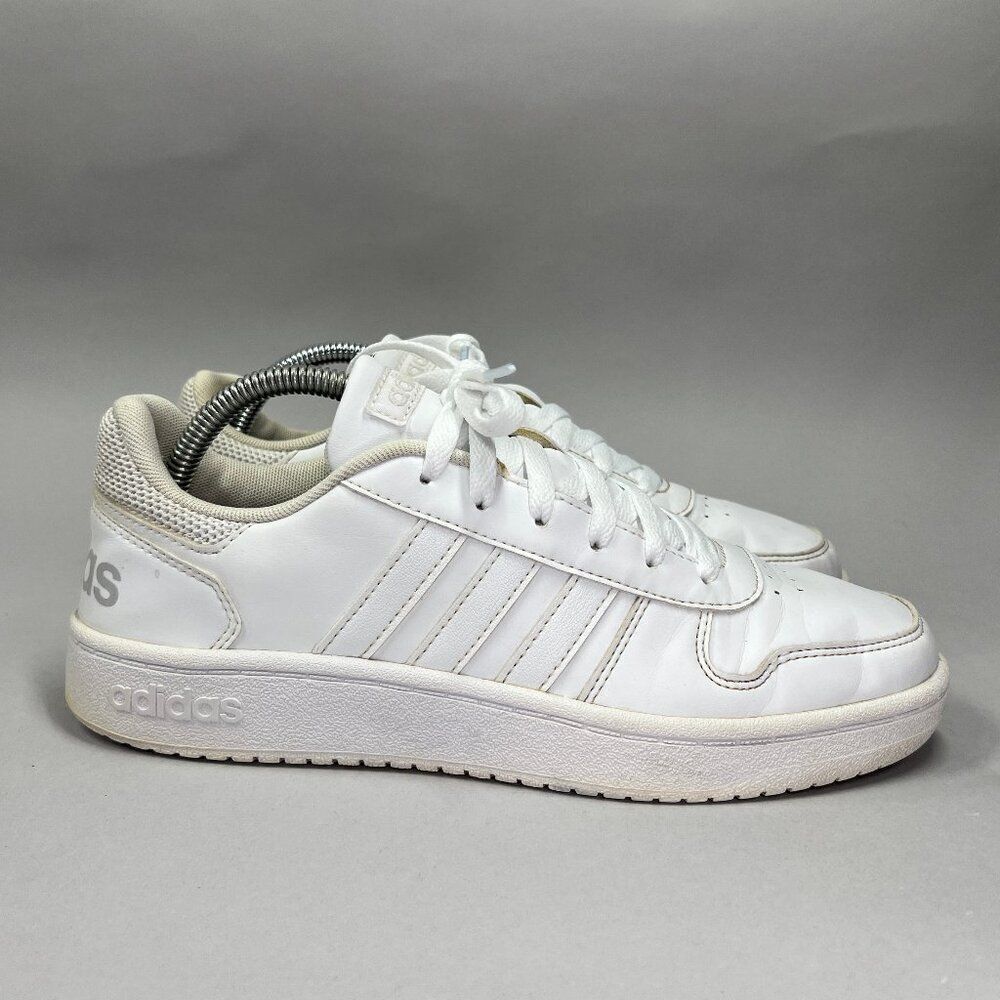 Adidas Hoops 2.0 Shoes Women's Size 8.5 Triple White Leather Basketball Sneakers